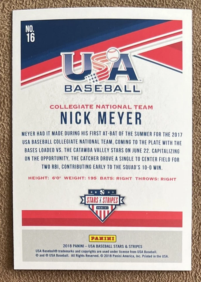 2018 Panini Stars & Stripes Longevity Nick Meyer Rookie #16 USA Baseball - Image 2 of 2