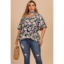 Plus Size Floral Flutter Sleeve Cutout Blouse