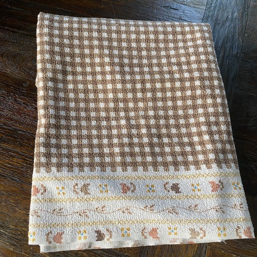 Vtg 80s Terry Cloth Tablecloth Brown White Plaid and Flower Design Fall Autumn