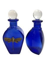 Set Of 2 Cobalt Blue Dragonfly Glass Bottles With Stopper Decor 5”