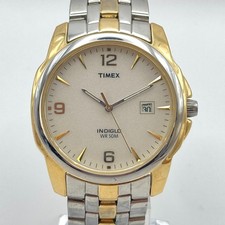 Timex Mens Watch 37mm Gold Silver Two Tone Indiglo Date WR 30M New Battery 7.75"