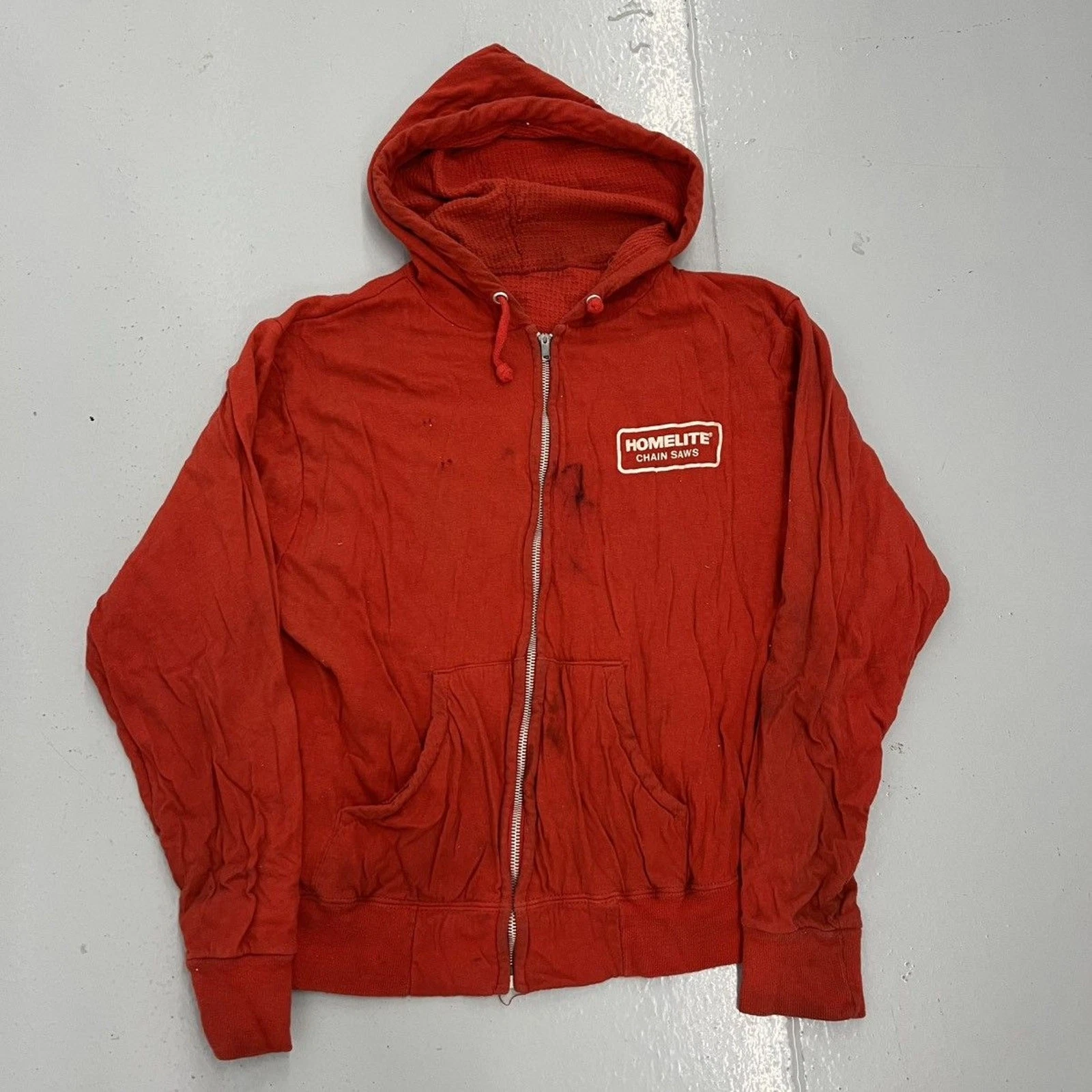 Vintage 60s 70s Red Thermal Lined Zip Up Hoodie 1960s 1970s True Vintage
