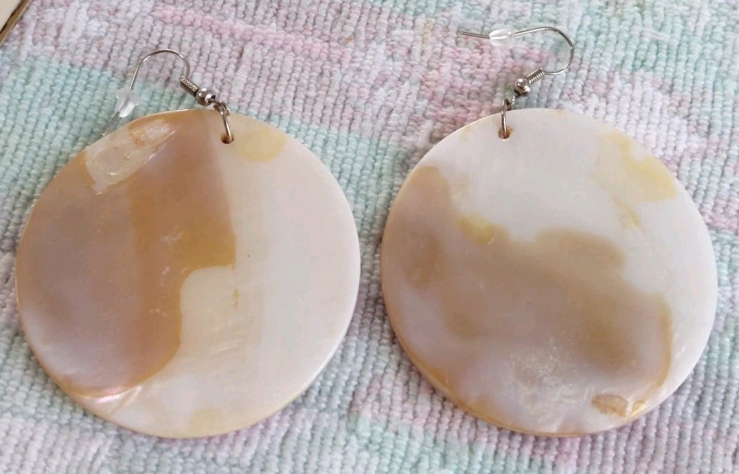 Large Thick Heavy 2" Round Shell Dangle Pierced E… - image 6