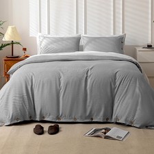Duvet Cover Set Queen Size Coconut Button Closure Heather Check Linen-Like St...