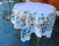 Vintage Tablecloth White Slub Linen 1950's Flowers Nostalgic 51" x 49" Picnic