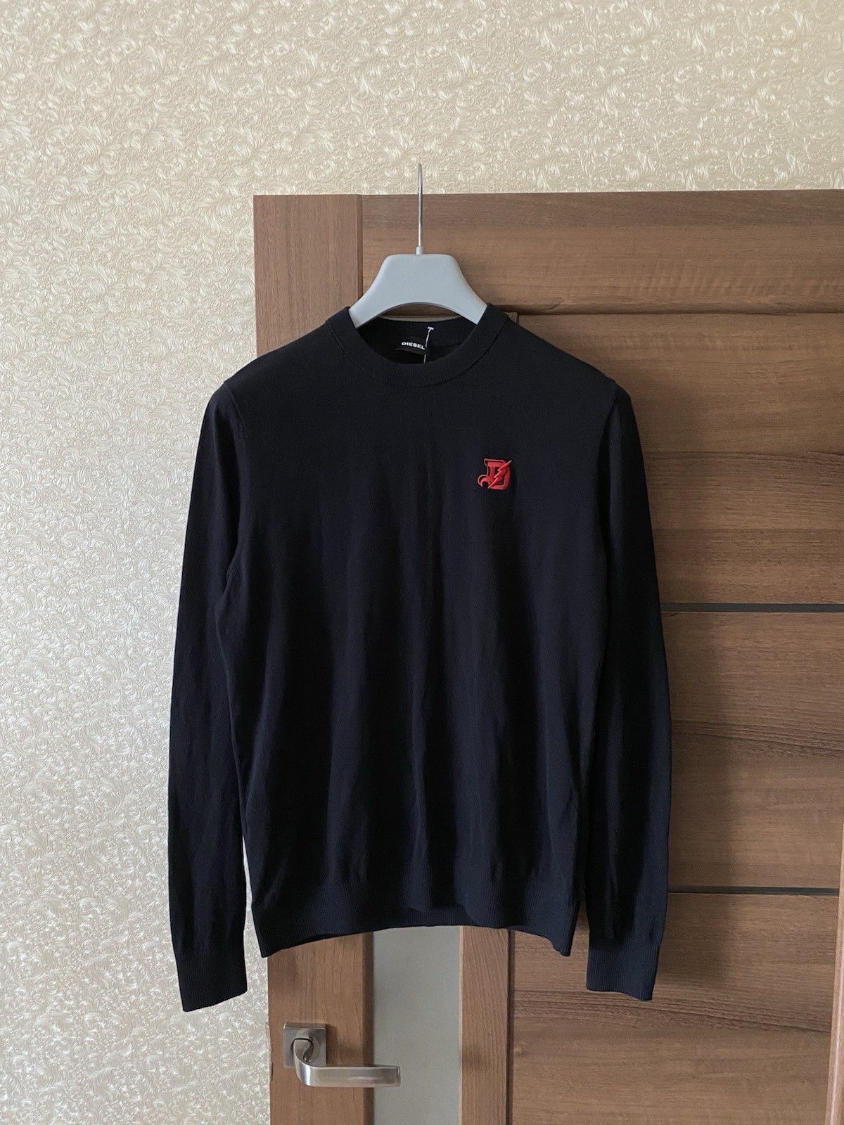 Diesel Men's Black Crew Neck Pullover Sweater Red Embroidered Logo Size M
