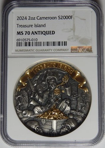 2024 NGC MS-70 ANTIQUED CAMEROON TREASURE ISLAND 2 OZ SILVER