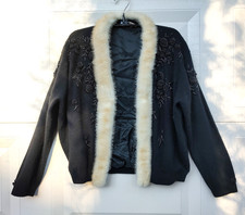 Vintage Black Wool Beaded Cardigan w/ Real Mink Fur Collar Lined- Hong Kong