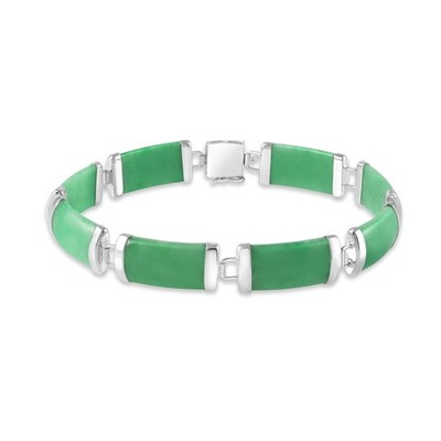 Natural Green Jade Link Bracelet in Sterling Silver, Length - 7.5 Inches, Fas...