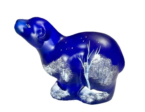 Fenton Glass Polar Bear Figurine -  Cobalt Satin - Moonlight Wonder - H Painted