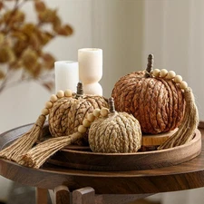 3 Pcs Rattan Pumpkin with Tassel Beads Boho Neutral Fall Thanksgiving Decor H...
