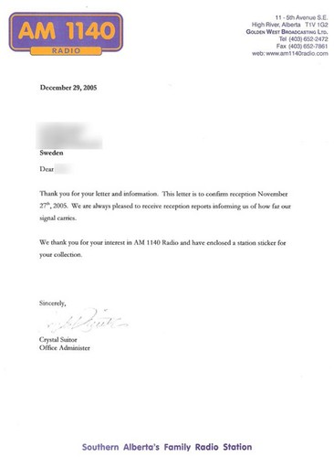 2005 QSL: CHRB, AM 1140 Radio, High River, Alberta, Canada