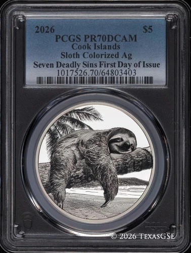 2026 Cook Islands $5 1oz Silver Seven Deadly Sins - Sloth PCGS PR70 First Day