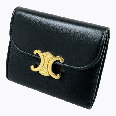 Excellent condition with box CELINE Triomphe Small Trifold Wallet Black From Jap