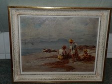 Superbe tableau Marine huile sur panneau avec des bateaux pêcheurs enfants signé