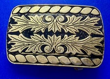 Rectangular Leaf Etched Floral Theme Black Gold Color Western Belt Buckle