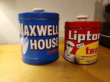 Vtg Maxwell Coffee Lipton Tea Canister Button-Top Tin JL Clark Containers 1960's