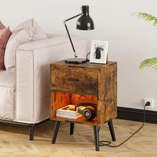 Nightstand with Charging Station and LED Lights, Small Side Table, Bedside Ta...