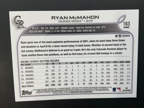 Ryan McMahon 2022 Topps Chrome Sepia Refractor Parallel #163 - Picture 2 of 2