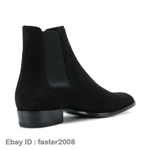 Pull on Mens Pointed Toe Chelsea Ankle Boots Block Heel Real Suede Leather Shoes - 第 17/27 張圖片