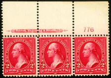 US Stamps # 267 MNH VF Strip Of 3 With Imprint And Plate #
