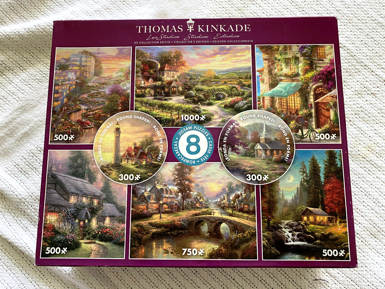 Thomas Kindkade Puzzles, 8 puzzles altogether.  Beautiful puzzles. 2020
