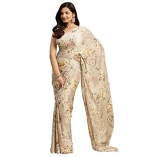 Indian Chiffon Saree With Unstitched Blouse Piece Party Wedding Wear For Women