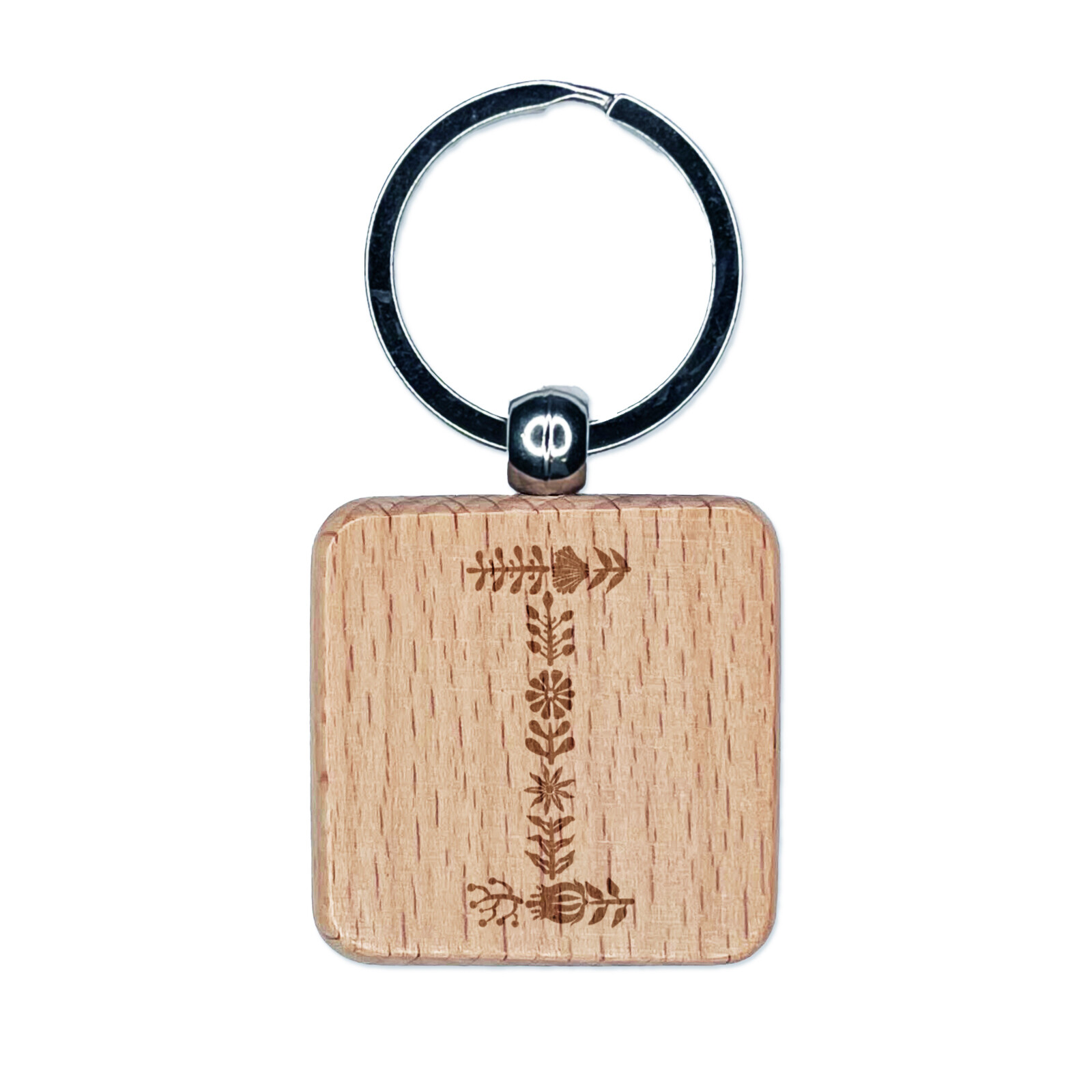 Botanical Floral Letter I Engraved Wooden Square Keychain Gift