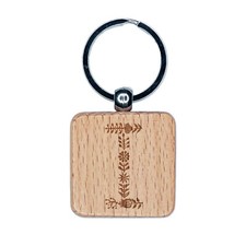 Elegant Botanical Floral Letter I Engraved Wood Square Keychain Tag Charm