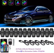 12 RGB LED Pods Rock Light Kit Underbody Glow Neon Lamp Bluetooth Music Control