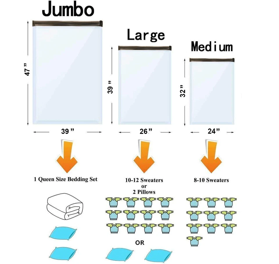 Bolsas de almacenamiento al vacío 24 piezas - 4 Jumbo, 10 grandes, 10 medianas - Ahorro de espacio + bomba manual Foto 4 de 4