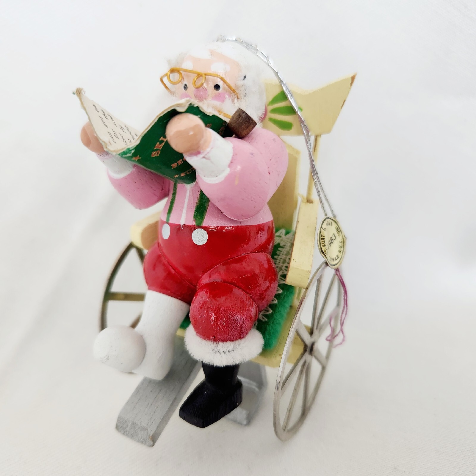 Santa Wheelchair Ornament Kurt Adler Vintage Christmas Skiing Metal