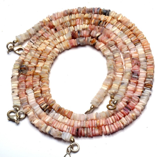 Natural Gem Peruvian Pink Opal 5MM Square Heishi Bead Necklace 17 Inch