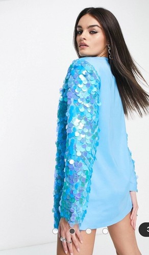 NUEVO CON ETIQUETAS ASOS Amylynn Azul Lentejuelas L/S Blazer Mini Vestido Talla M Festival - Imagen 3 de 5