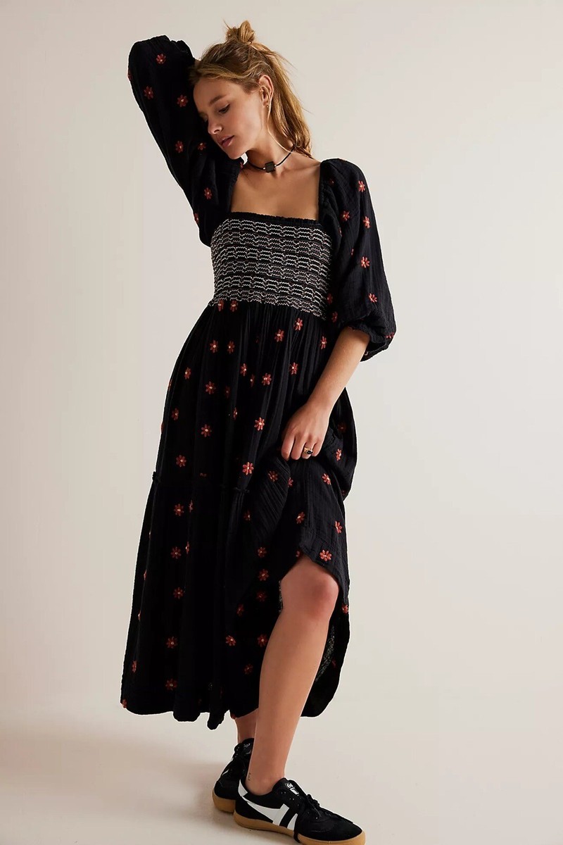 New Free People Dahlia Embroidered Maxi Dress Gauzy Smocked Floral