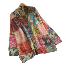 Women's Retro V-neck Floral Patchwork Cardigan Knitwear Sweater Jackets Coats SZ
