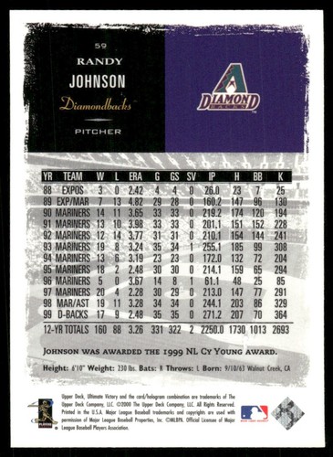 Randy Johnson Arizona Diamondbacks #59 2000 Baseball Card - Picture 2 of 2