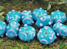 Qty. 10 - 19 x 10mm Bumpy  Scrolled Turquoise  Pink Lampwork Glass Beads