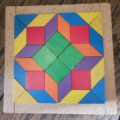 Wood Blocks handmaid puzzle quilt bright colors primary Wall Decor Vintage Cotta