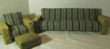 VINTAGE MINIATURE HEAVY DUTY LIVINGROOM 3 PC SET SOFA  CHAIR OTTOMAN GREEN WOOD 