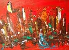 RED SKY CITYSCAPE  stretched  PAINTING CANVAS ART CONTEMPORARY SIGNED BTYJ