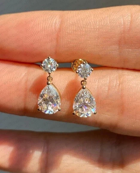 Solid 14K Yellow Gold Excellent Pear Cut 3 Ct Moissanite Drop Dangle Earrings - Image 3 of 4
