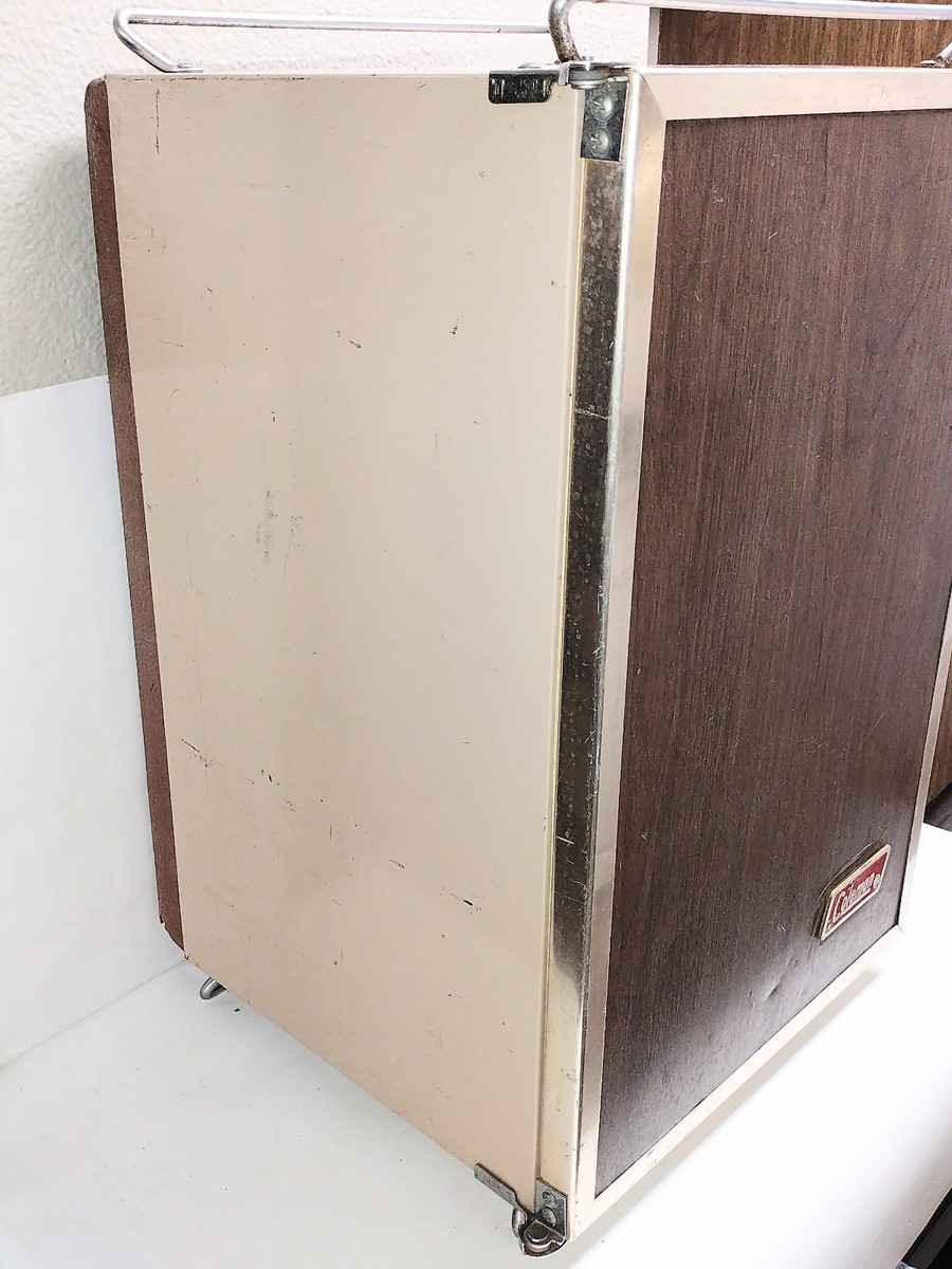 Vintage Coleman Upright Cooler 3-Way Fridge Tan/Wood Grain, Metal