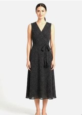 VTG Talbots Pure Silk Faux Wrap Dress Sz 14 Black Dot Midi Sleeveless Chiffon