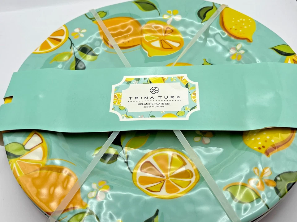 NWT Trina Turk Melamine Dinner Plate Set of 4 Lemons Flower Fruit 11" - Image 2 of 4