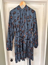 Blue Leopard Print Dress UK 22 Long Sleeve Tie Floaty Smock Mini Evening Holiday