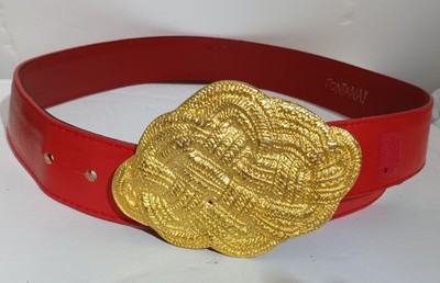 Fontana Red Leather Belt Gold Tone Oval Buckle Women Milano Size 42 VTG
