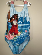 Disney Moana 2 Girls Blue One-Piece Swimsuit Tank Style Graphic Print 7/8