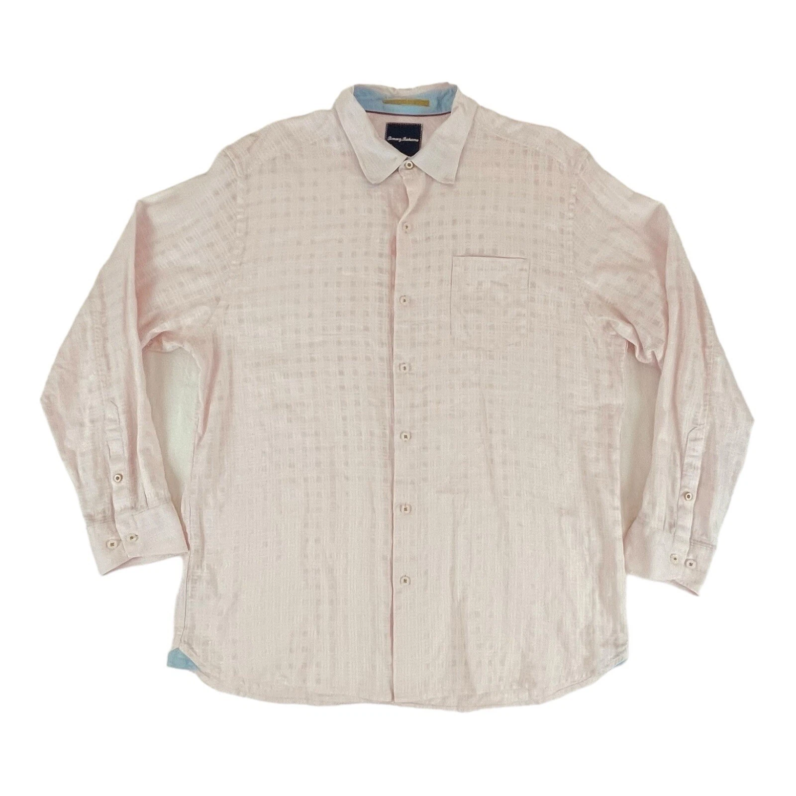 Tommy Bahama Shirt Mens Large Linen Pink Plaid Long Sleeve Vacation Beach