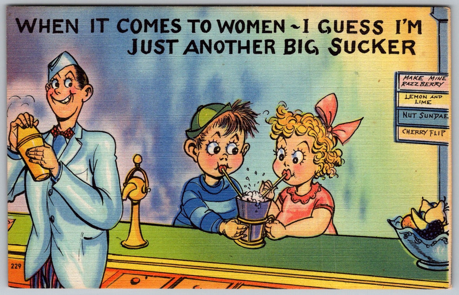 Vtg Linen Postcard Soda Fountain Cartoon 1940s